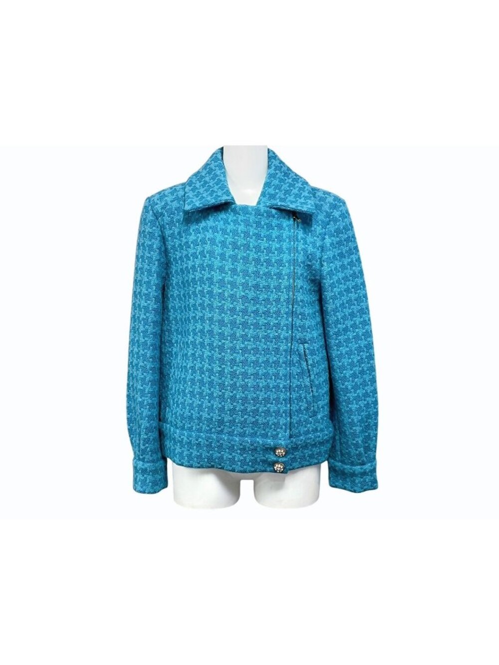 Chanel Double Rider's Jacket CC Logo Wool Blue Houndstooth 36